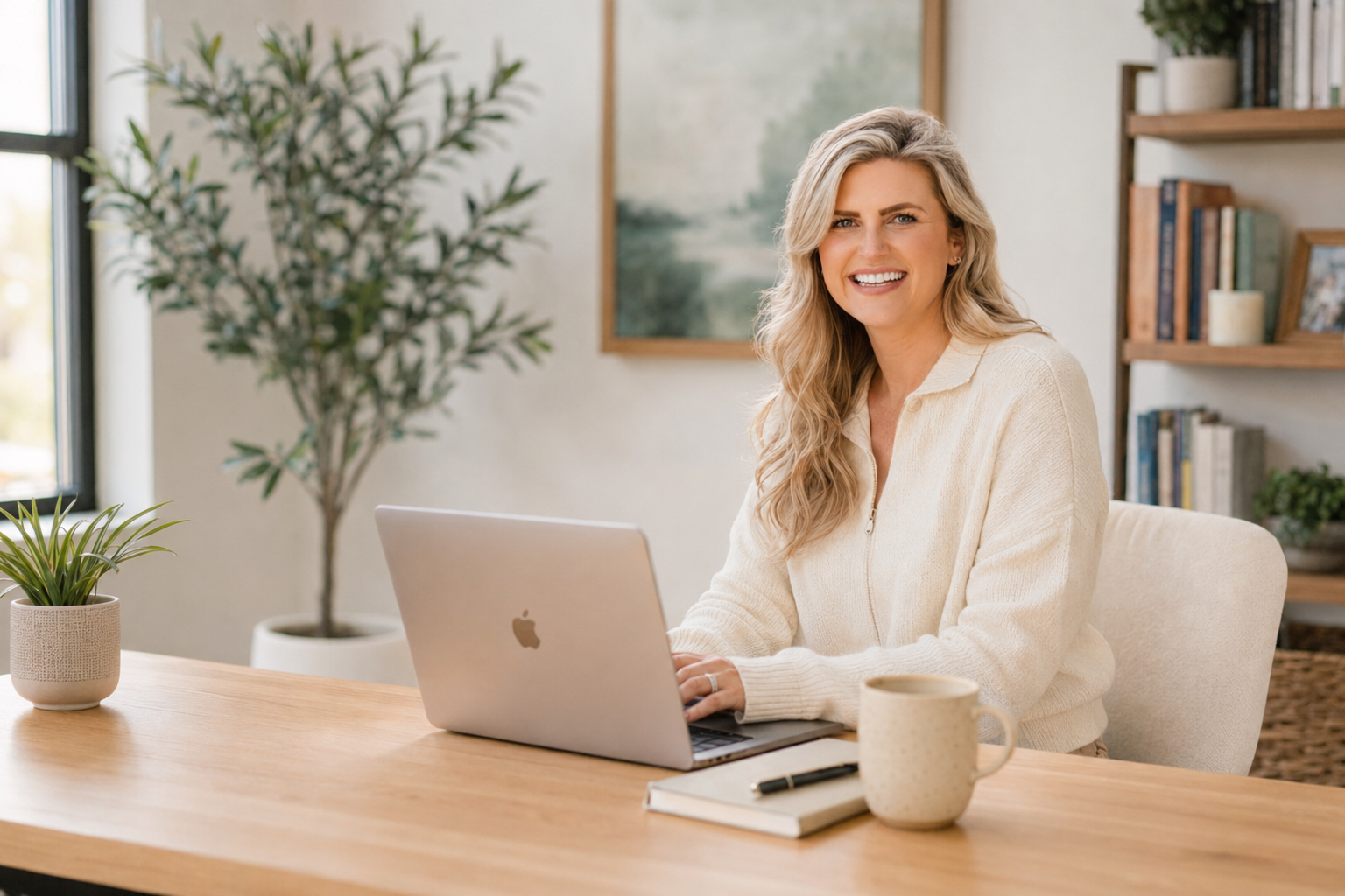 Virtual therapist meeting with clients from a laptop in a warm office