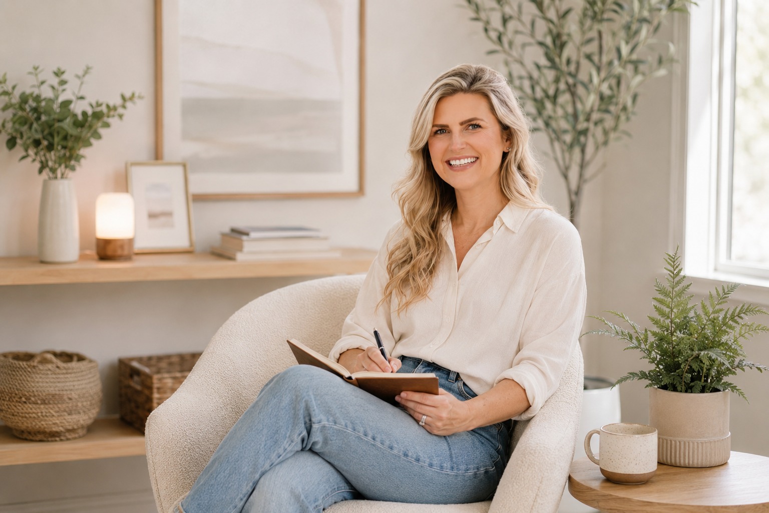 A warm, modern virtual therapy office setting